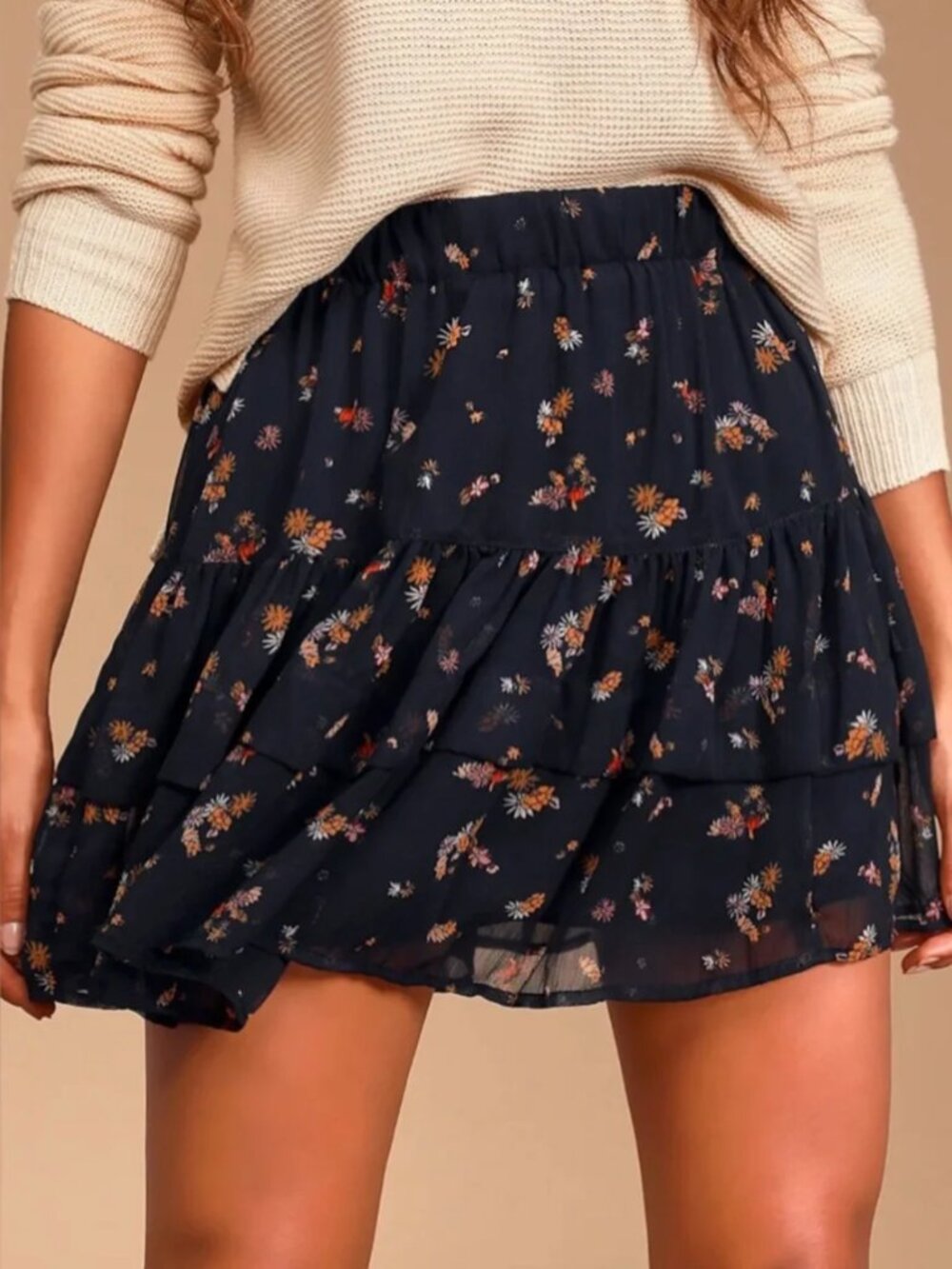 Free People Black Floral Modern Midnight Combo37 Tiered Ruffle Mini Skirt  Large